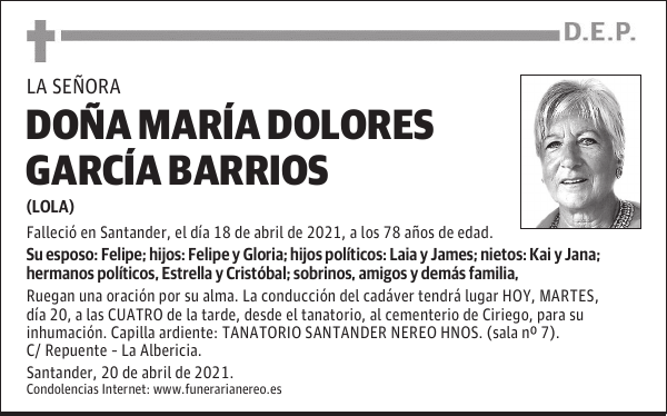 DOÑA MARÍA DOLORES GARCÍA BARRIOS