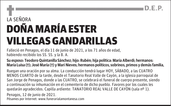 DOÑA MARÍA ESTER VILLEGAS GANDARILLAS