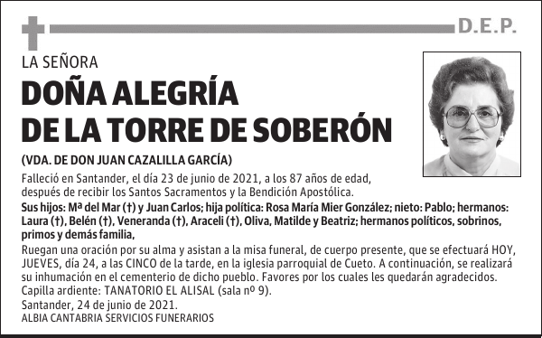 DOÑA ALEGRÍA DE LA TORRE DE SOBERÓN