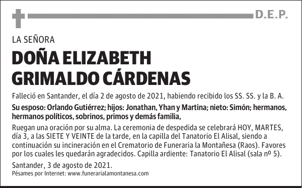 DOÑA ELIZABETH GRIMALDO CÁRDENAS