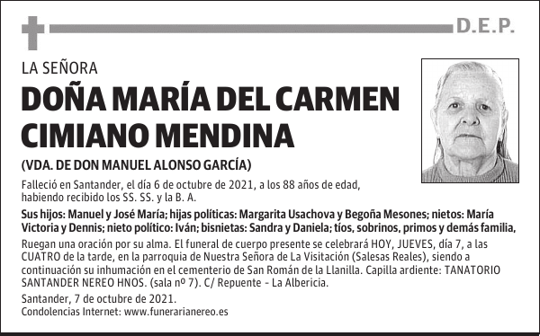 DOÑA MARÍA DEL CARMEN CIMIANO MENDINA