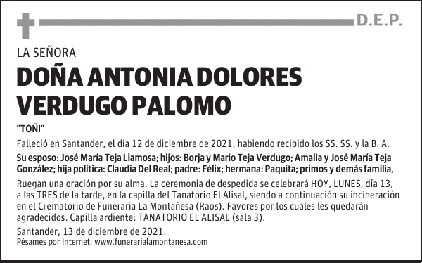 DOÑA ANTONIA DOLORES VERDUGO PALOMO