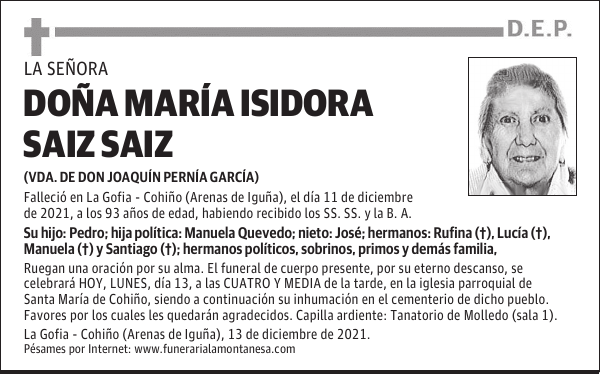 DOÑA MARÍA ISIDORA SAIZ SAIZ
