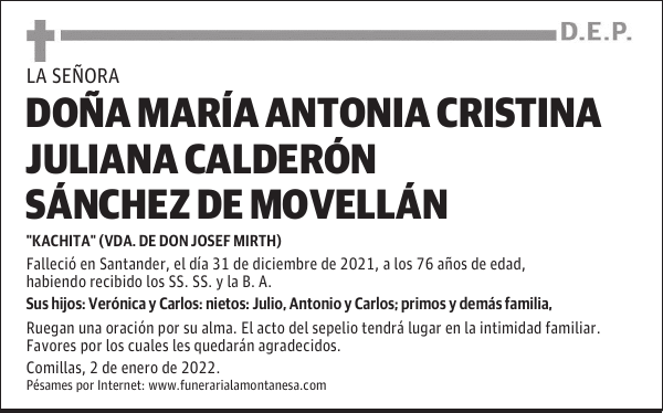 DOÑA MARÍA ANTONIA CRISTINA JULIANA CALDERÓN SÁNCHEZ DE MOVELLÁN