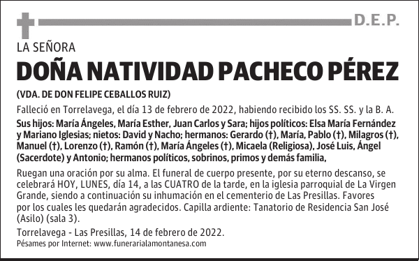 DOÑA NATIVIDAD PACHECO PÉREZ