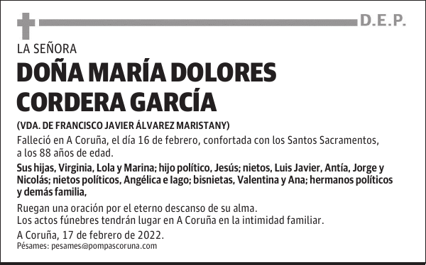 DOÑA MARÍA DOLORES CORDERA GARCÍA