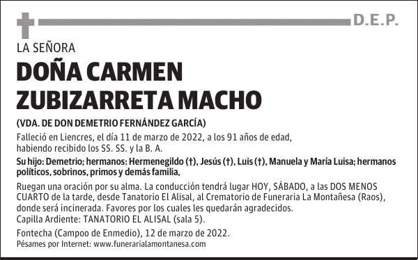 DOÑA CARMEN ZUBIZARRETA MACHO