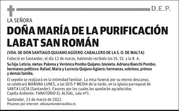 DOÑA MARÍA DE LA PURIFICACIÓN LABAT SAN ROMÁN