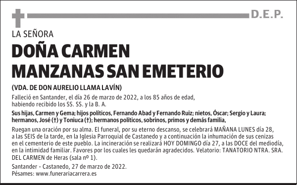 DOÑA CARMEN MANZANAS SAN EMETERIO