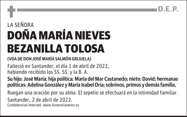 DOÑA MARÍA NIEVES BEZANILLA TOLOSA