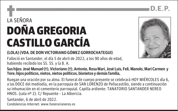 DOÑA GREGORIA CASTILLO GARCÍA