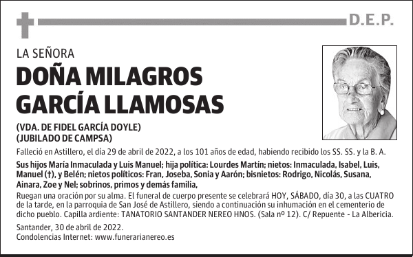 DOÑA MILAGROS GARCÍA LLAMOSAS