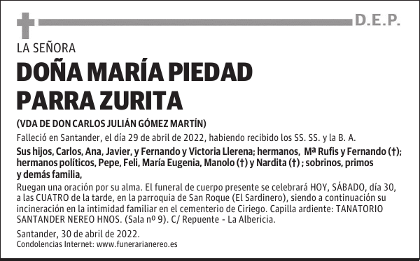 DOÑA MARÍA PIEDAD PARRA ZURITA