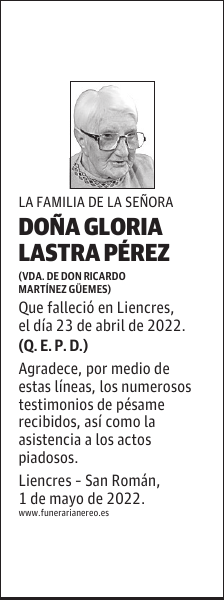 DOÑA GLORIA LASTRA PÉREZ