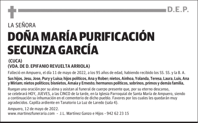 DOÑA MARÍA PURIFICACIÓN SECUNZA GARCÍA