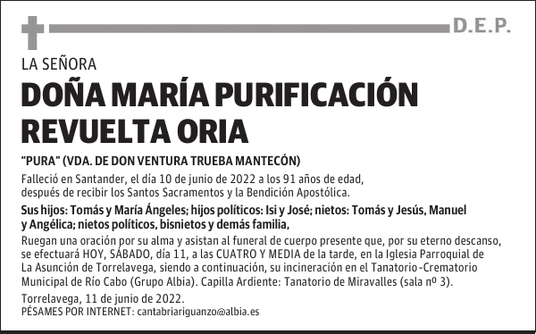 DOÑA MARÍA PURIFICACIÓN REVUELTA ORIA