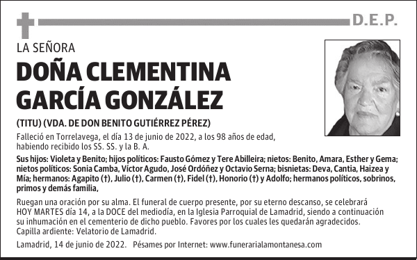 DOÑA CLEMENTINA GARCÍA GONZÁLEZ