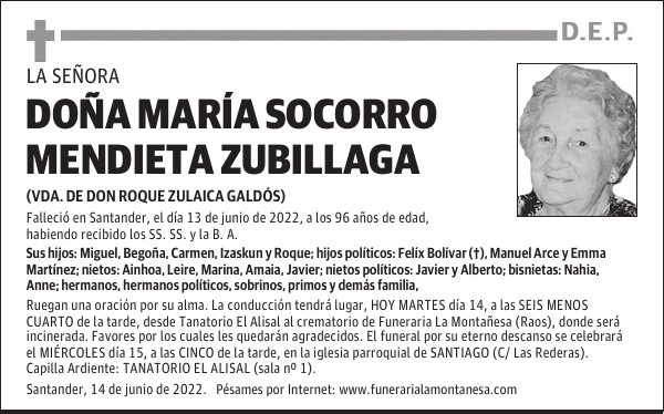 DOÑA MARÍA SOCORRO MENDIETA ZUBILLAGA