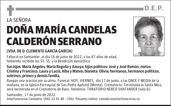 Dª. MARÍA CANDELAS CALDERÓN SERRANO
