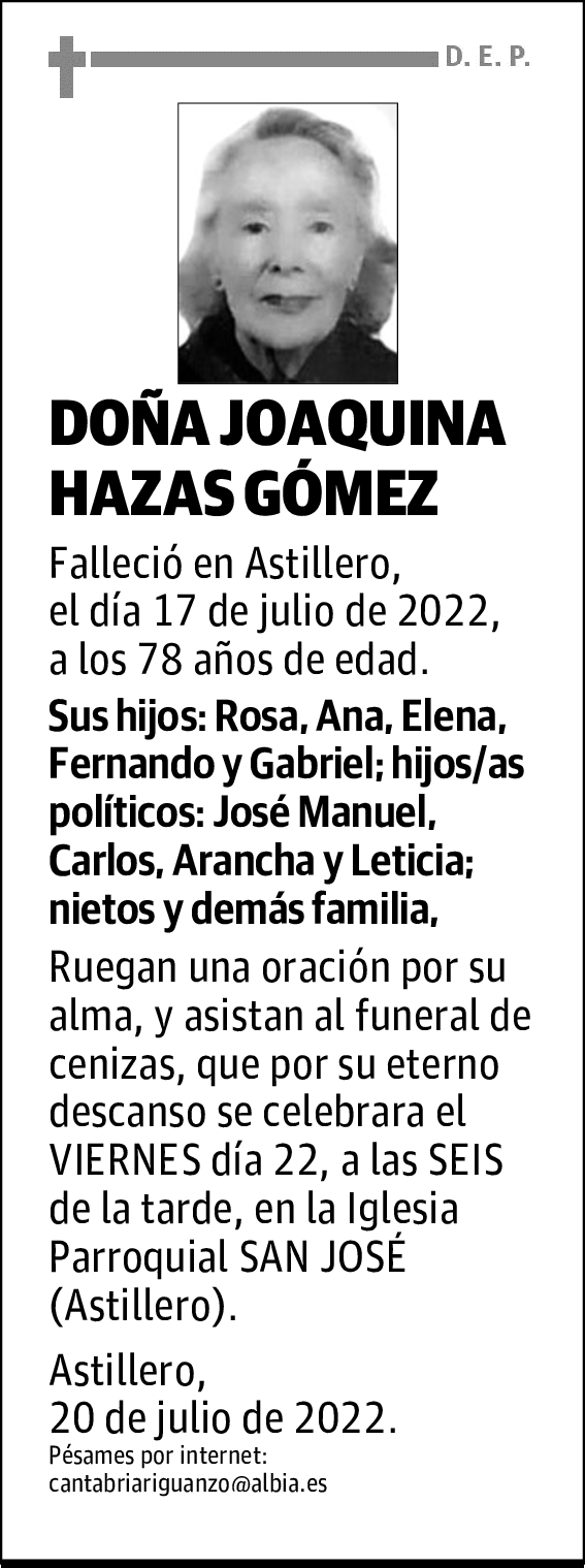 DOÑA JOAQUINA HAZAS GÓMEZ