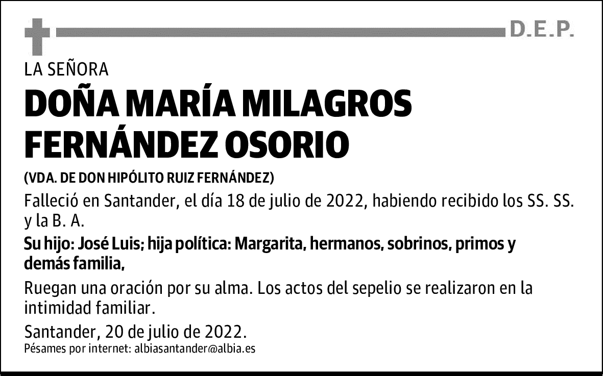 DOÑA MARÍA MILAGROS FERNÁNDEZ OSORIO