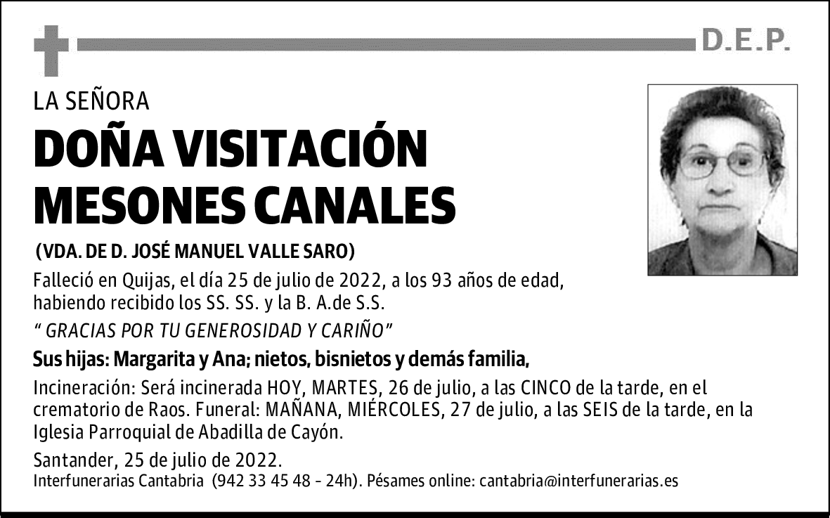 Dª. VISITACIÓN MESONES CANALES