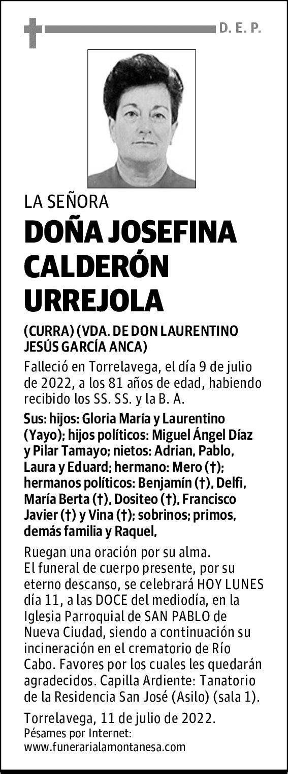 DOÑA JOSEFINA CALDERÓN URREJOLA