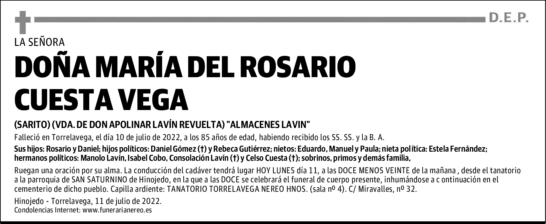 DOÑA MARÍA DEL ROSARIO CUESTA VEGA