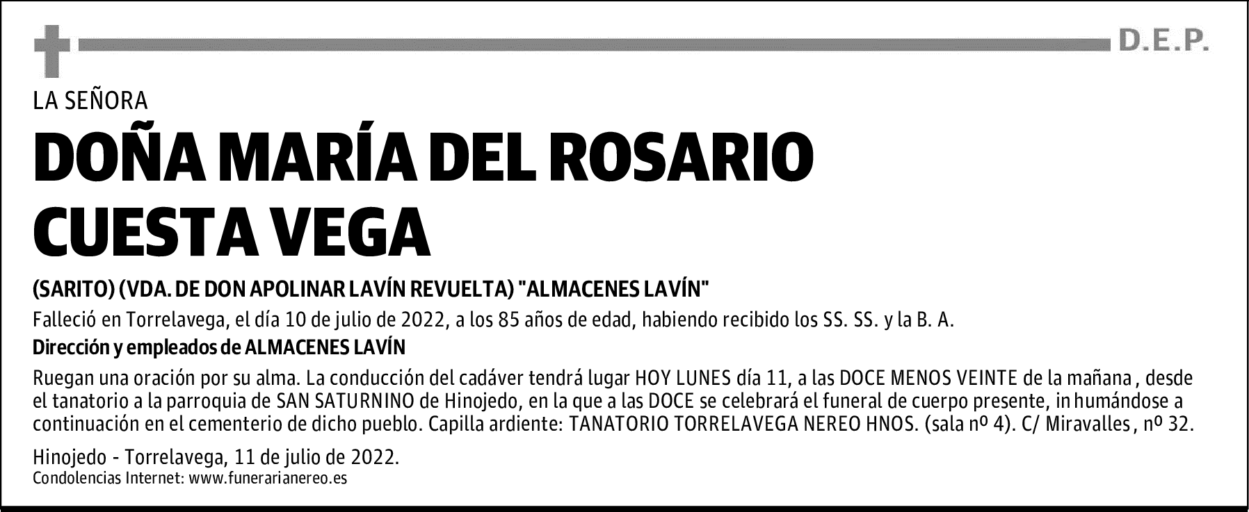 DOÑA MARÍA DEL ROSARIO CUESTA VEGA