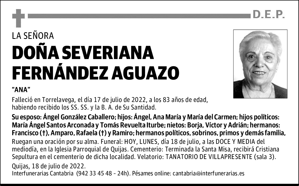 Dª. SEVERIANA FERNÁNDEZ AGUAZO