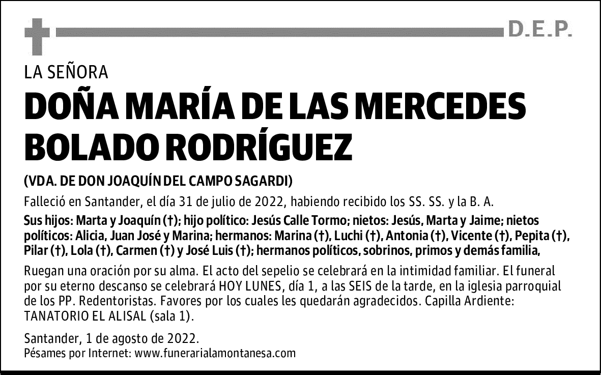 DOÑA MARÍA DE LAS MERCEDES BOLADO RODRÍGUEZ