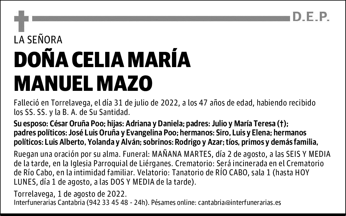 DOÑA CELIA MARÍA MANUEL MAZO