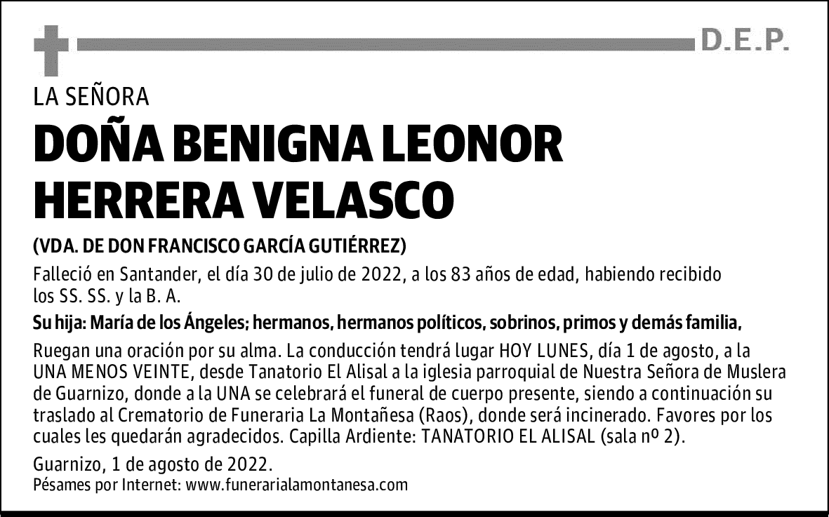 DOÑA BENIGNA LEONOR HERRERA VELASCO