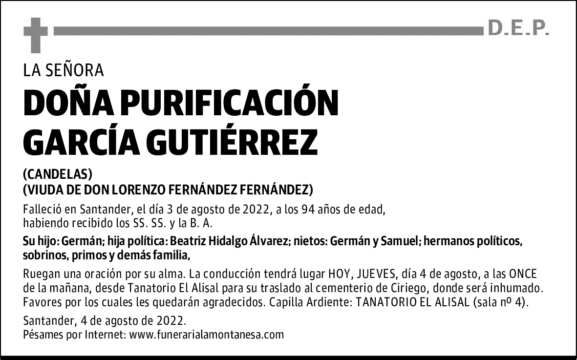 DOÑA PURIFICACIÓN GARCÍA GUTIÉRREZ