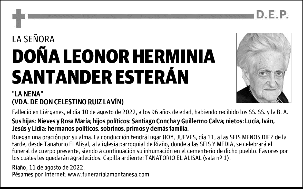 DOÑA LEONOR HERMINIA SANTANDER ESTERÁN