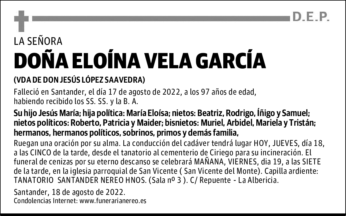 DOÑA ELOÍNA VELA GARCÍA