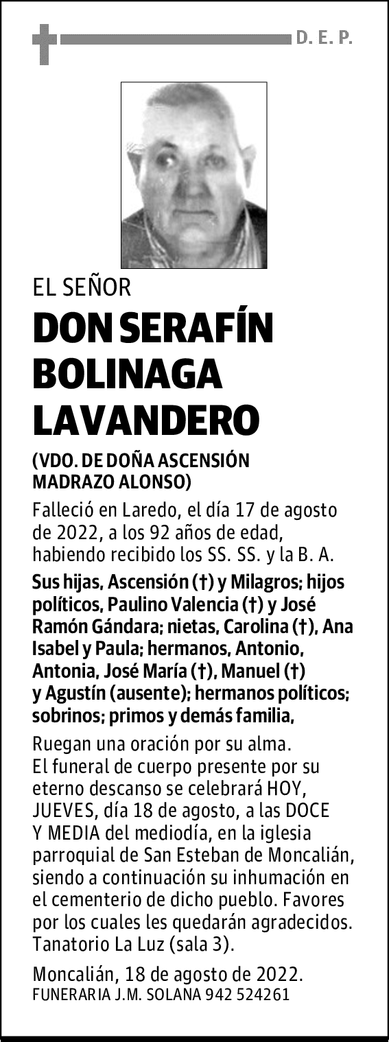 DON SERAFÍN BOLINAGA LAVANDERO