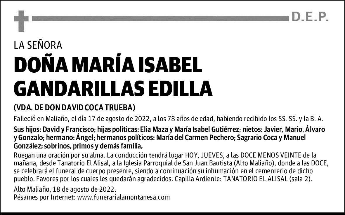 DOÑA MARÍA ISABEL GANDARILLAS EDILLA