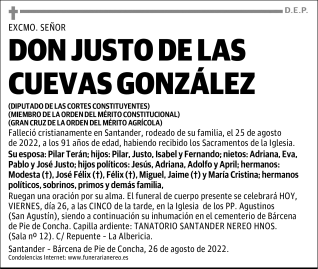 DON JUSTO DE LAS CUEVAS GONZÁLEZ Esquela Necrológica El Diario Montañés