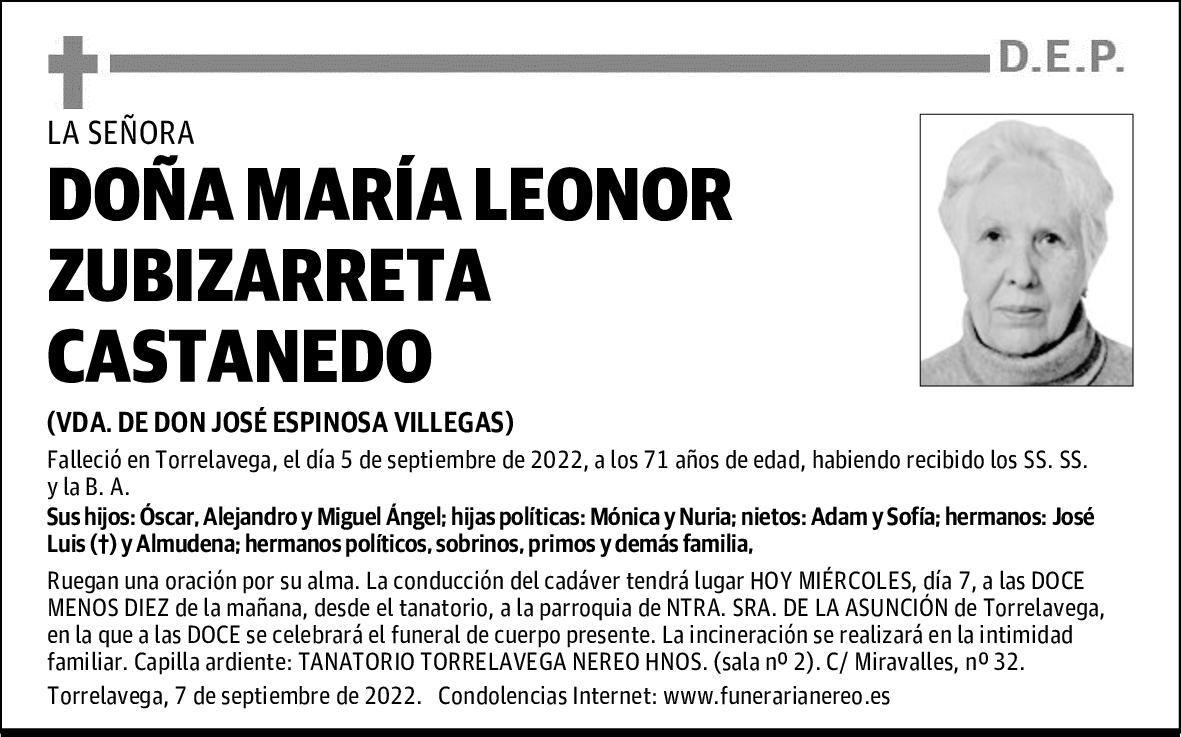 DOÑA MARÍA LEONOR ZUBIZARRETA CASTANEDO