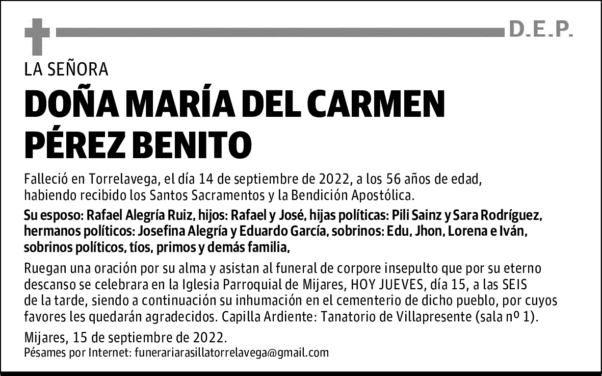 DOÑA MARÍA DEL CARMEN PÉREZ BENITO