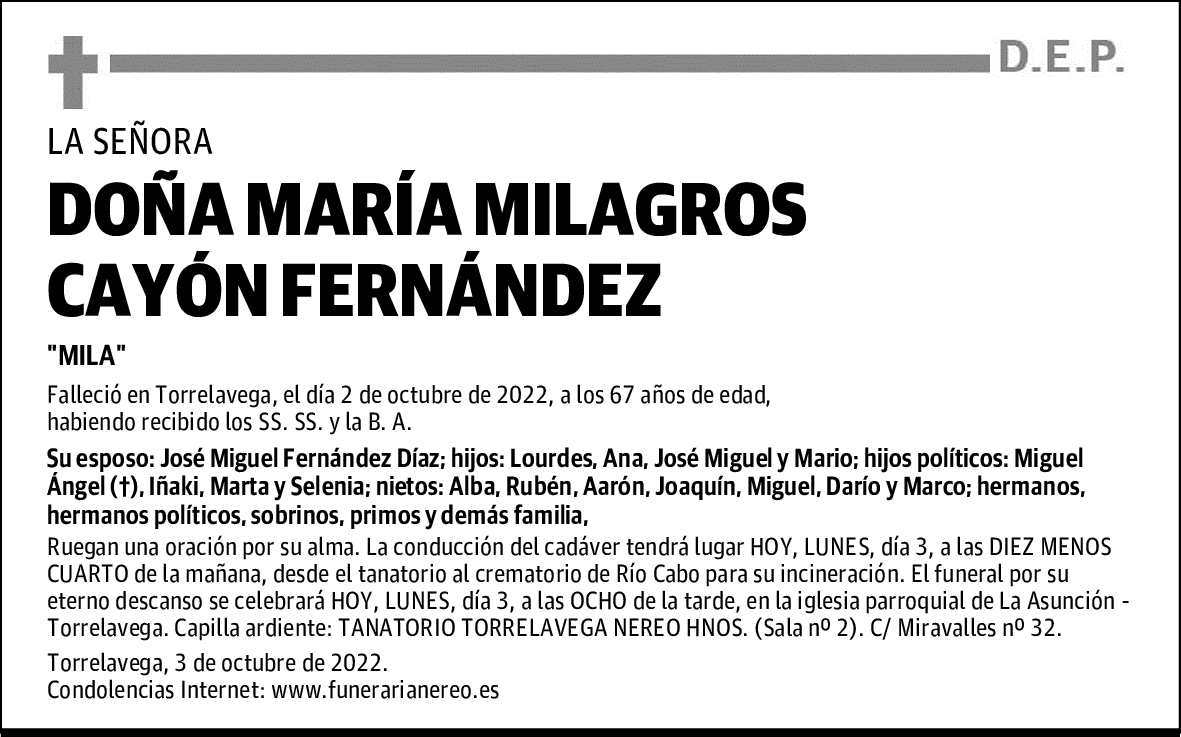DOÑA MARÍA MILAGROS CAYÓN FERNÁNDEZ
