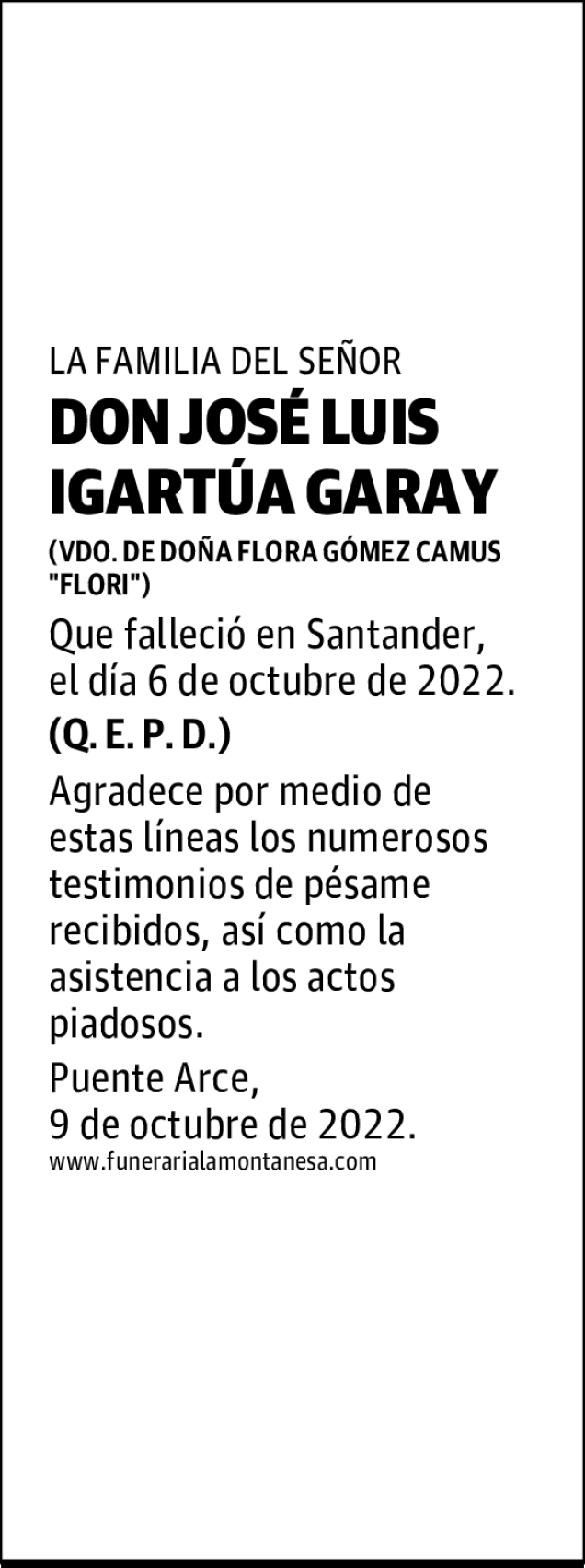 DON JOSÉ LUIS IGARTÚA GARAY Esquela de Agradecimiento El Diario