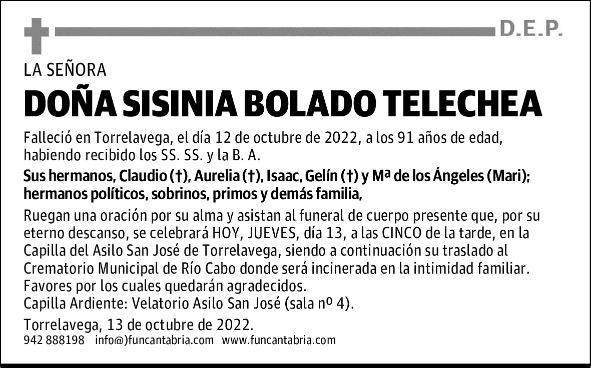 DOÑA SISINIA BOLADO TELECHEA