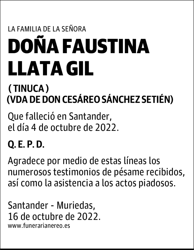 DOÑA FAUSTINA LLATA GIL Esquela Necrológica El Diario Montañés