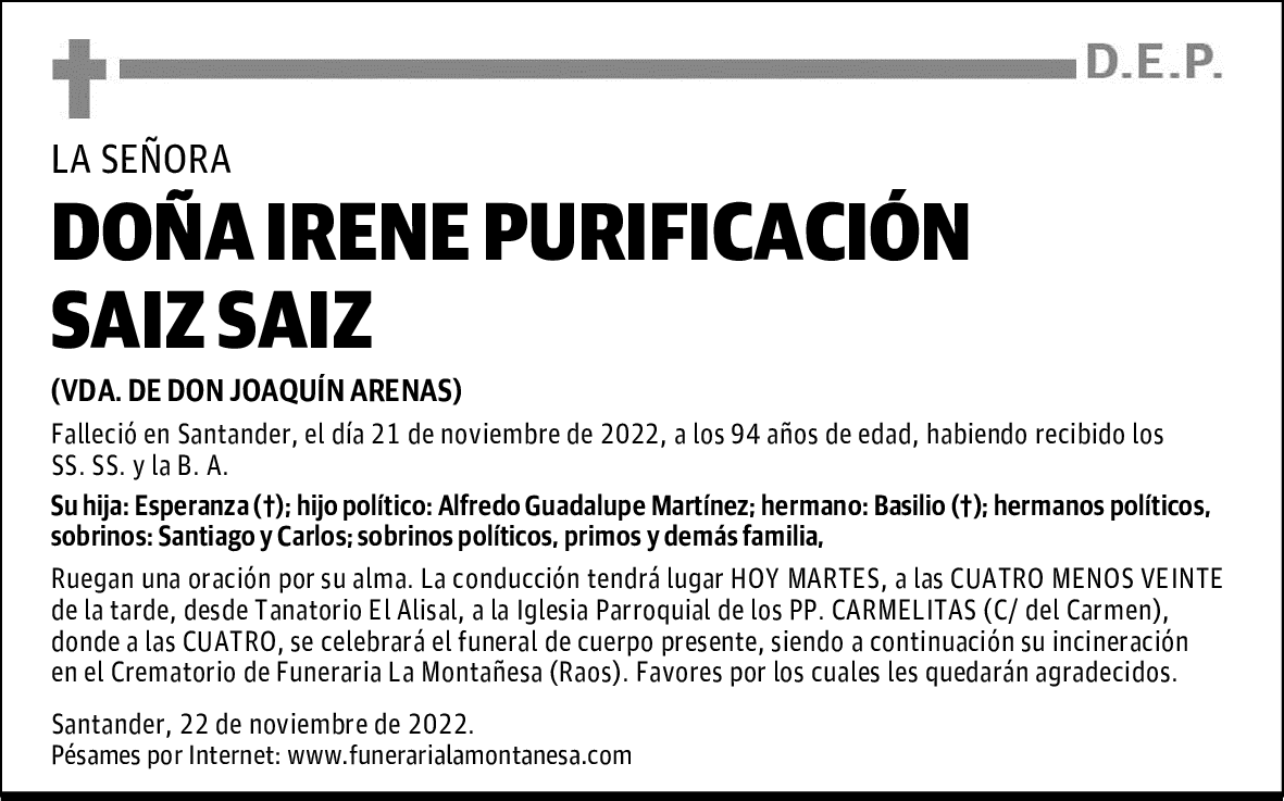 DOÑA IRENE PURIFICACIÓN SAIZ SAIZ