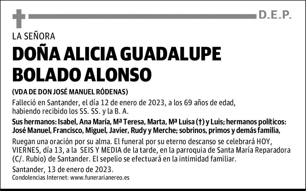 DOÑA ALICIA GUADALUPE BOLADO ALONSO