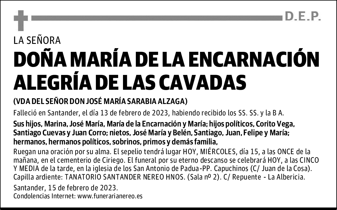 DOÑA MARÍA DE LA ENCARNACIÓN ALEGRÍA DE LAS CAVADAS
