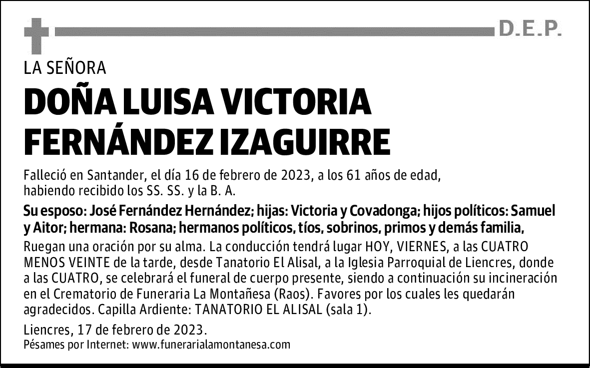 DOÑA LUISA VICTORIA FERNÁNDEZ IZAGUIRRE