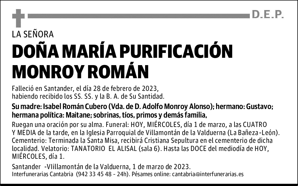 DOÑA MARÍA PURIFICACIÓN MONROY ROMÁN